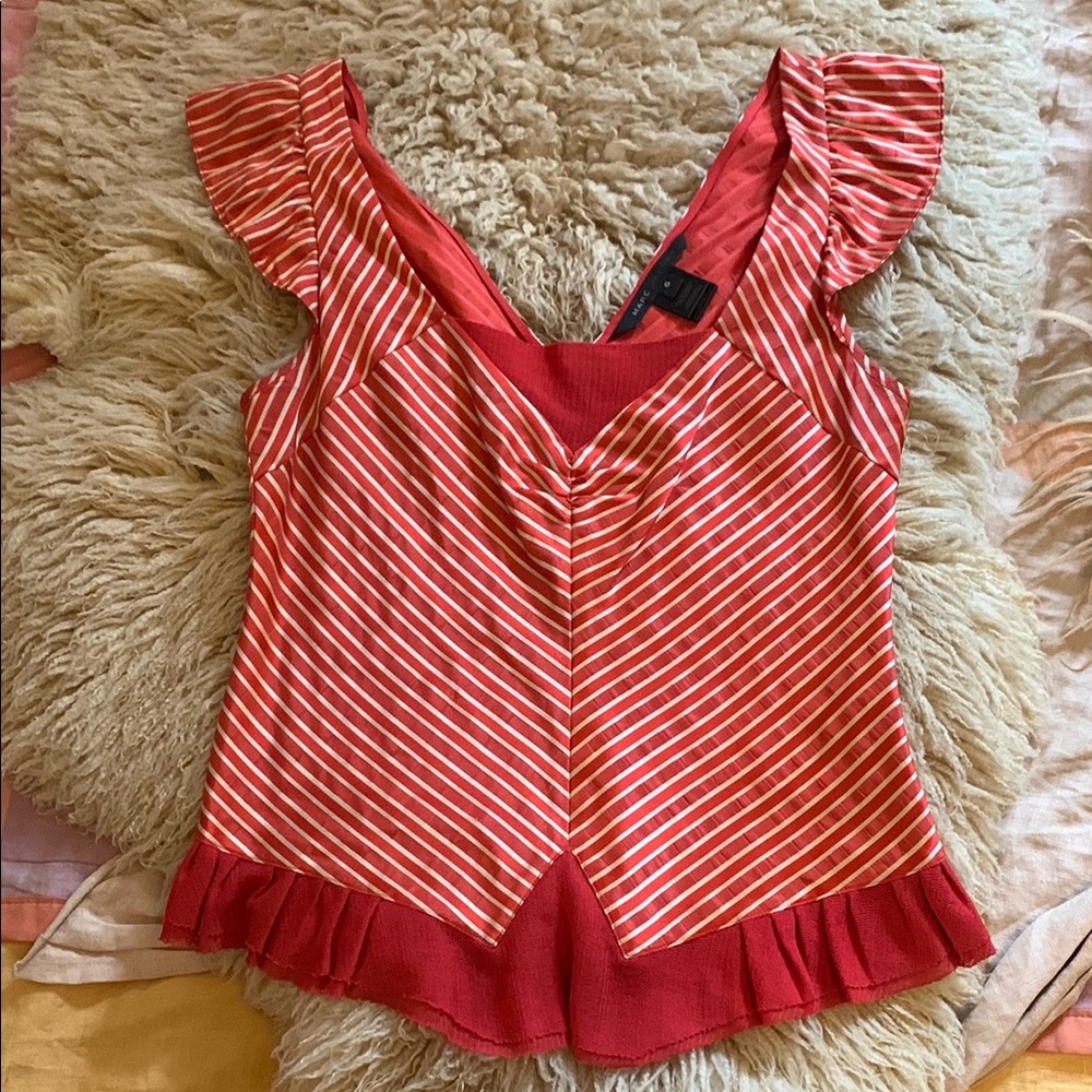 Marc Jacobs Red & White Striped Ruffled Sleeveless Blouse, Size 6